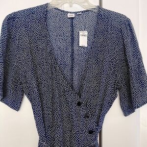 Size L wrap dress navy w/white dots